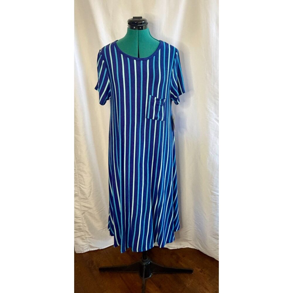 NWT LuLaRoe Carly blue and teal vertically striped swing dress. Size medium